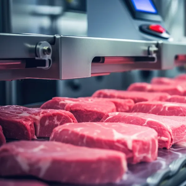 Two rows of raw meat on a conveyor