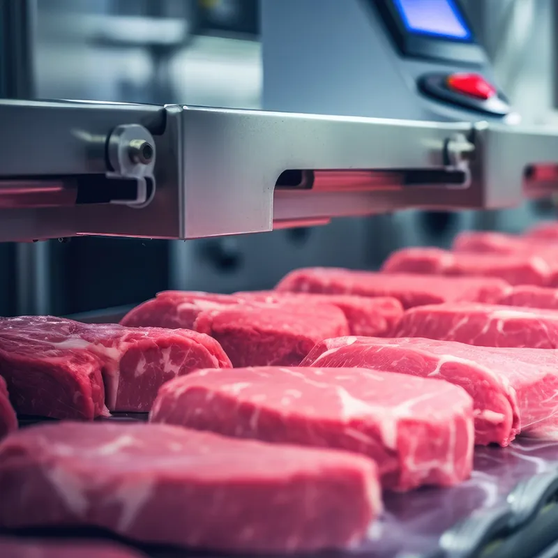 Two rows of raw meat on a conveyor