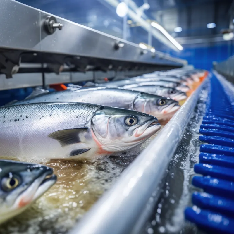 A conveyor belt in a warehouse with fish on it