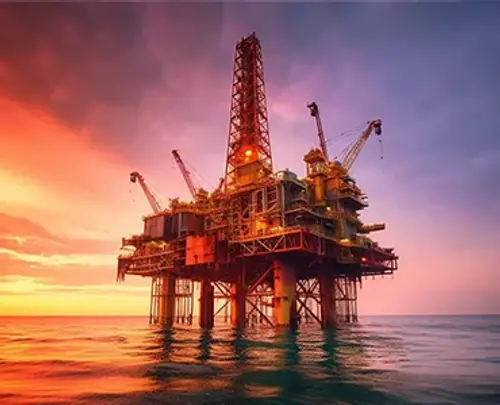 Large oil rig in the middle of the ocean with a sun setting behind it