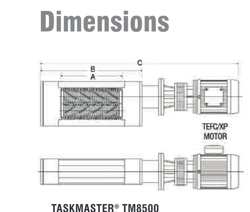 TM8500 Dimensions Drawing — Front and Side Views
