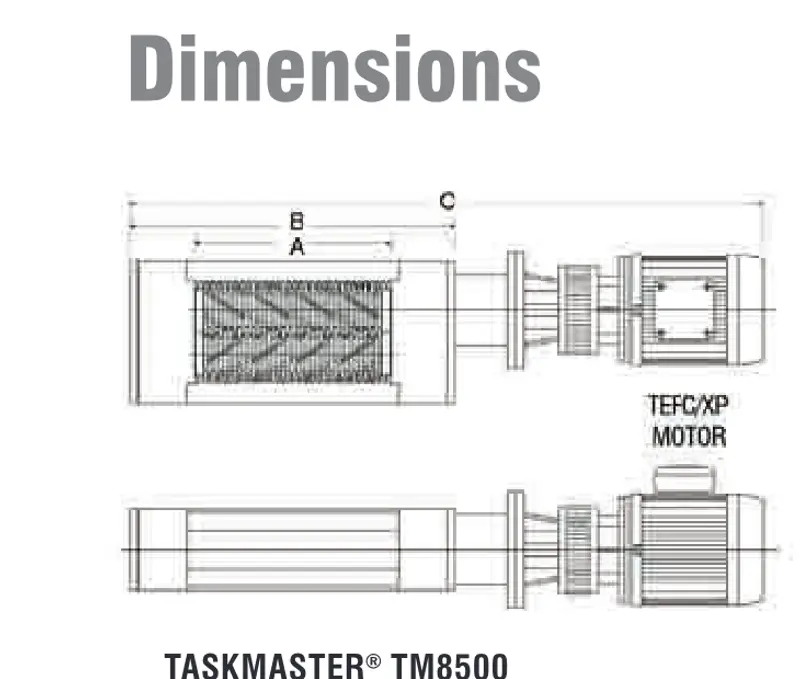 TM8500 Dimensions Drawing — Front and Side Views