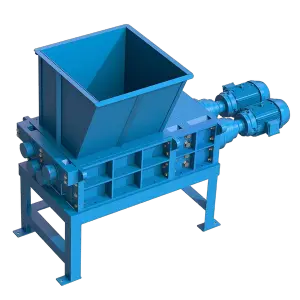 The Taskmaster QS3200 Quad Shaft Shredder, seen here with a hopper, is a high capacity powerful shredder can significantly downsize tough materials.