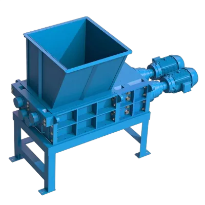 The Taskmaster QS3200 Quad Shaft Shredder, seen here with a hopper, is a high capacity powerful shredder can significantly downsize tough materials.