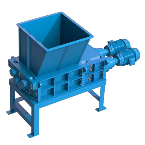 The Taskmaster QS3200 Quad Shaft Shredder, seen here with a hopper, is a high capacity powerful shredder can significantly downsize tough materials.