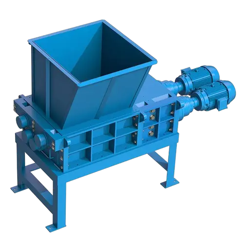 The Taskmaster QS3200 Quad Shaft Shredder, seen here with a hopper, is a high capacity powerful shredder can significantly downsize tough materials.