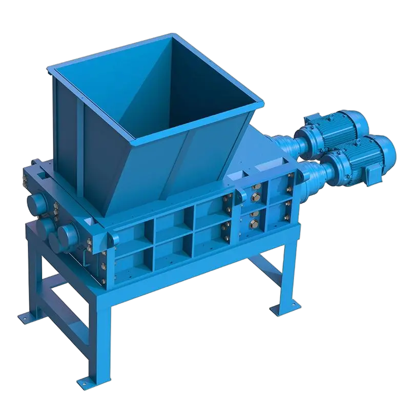 The Taskmaster QS3200 Quad Shaft Shredder, seen here with a hopper, is a high capacity powerful shredder can significantly downsize tough materials.