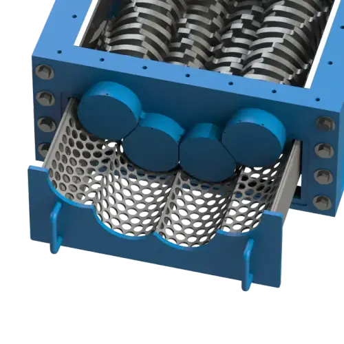 A close up of the inside of a quad shaft shredder