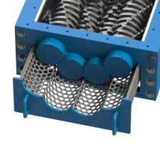 The special sizing screen is seen under the cutting chamber of the Taskmaster QS2400 Quad Shredder.