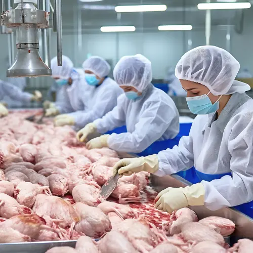 A group of employees in hairnets and masks processing chickens in a warehouse