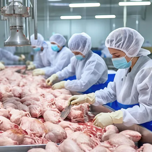 A group of employees in hairnets and masks processing chickens in a warehouse