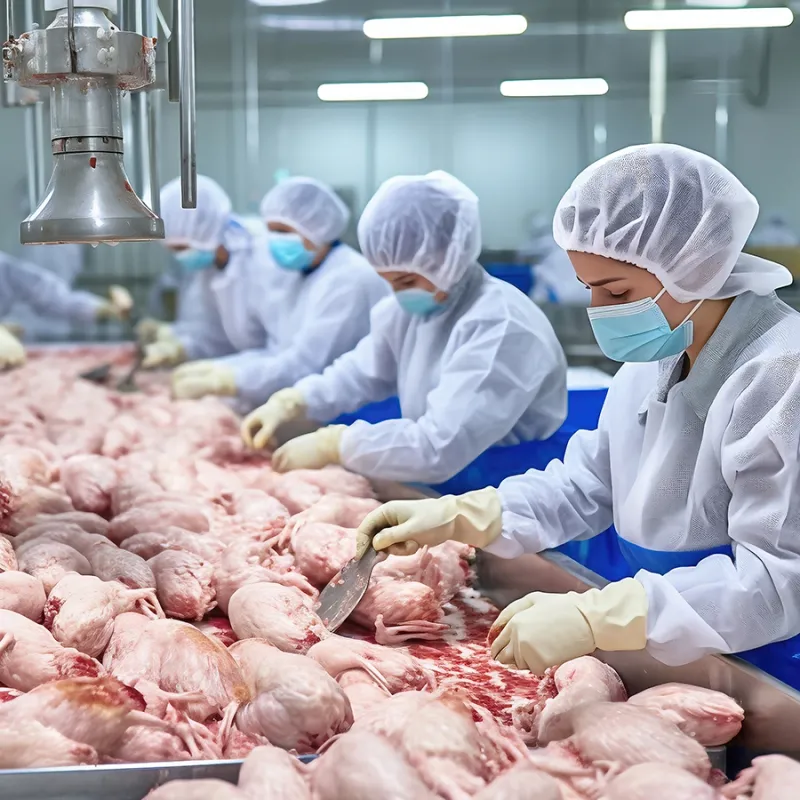 A group of employees in hairnets and masks processing chickens in a warehouse