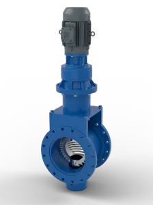 Super Shredder SS1600 with a grey vertical drive motor and blue gearbox above a flanged inline grinder body, cutters visible through the opening