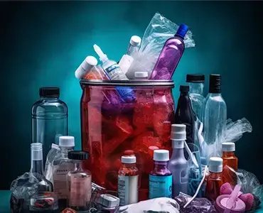 A collection of medical waste including bottles of all sizes and a jar full of other waste