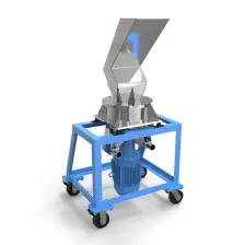DEFINER HML08 vertical hammer mill in its mobile cart configuration, a wheeled frame on casters, with feed chute above and motor below