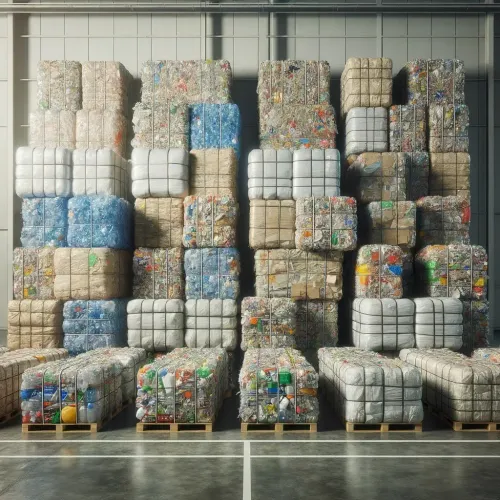 Large stacks of plastic waste bales