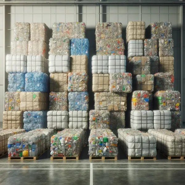 Large stacks of plastic waste bales