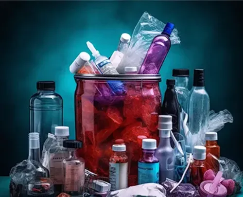 A collection of medical waste including bottles of all sizes and a jar full of other waste