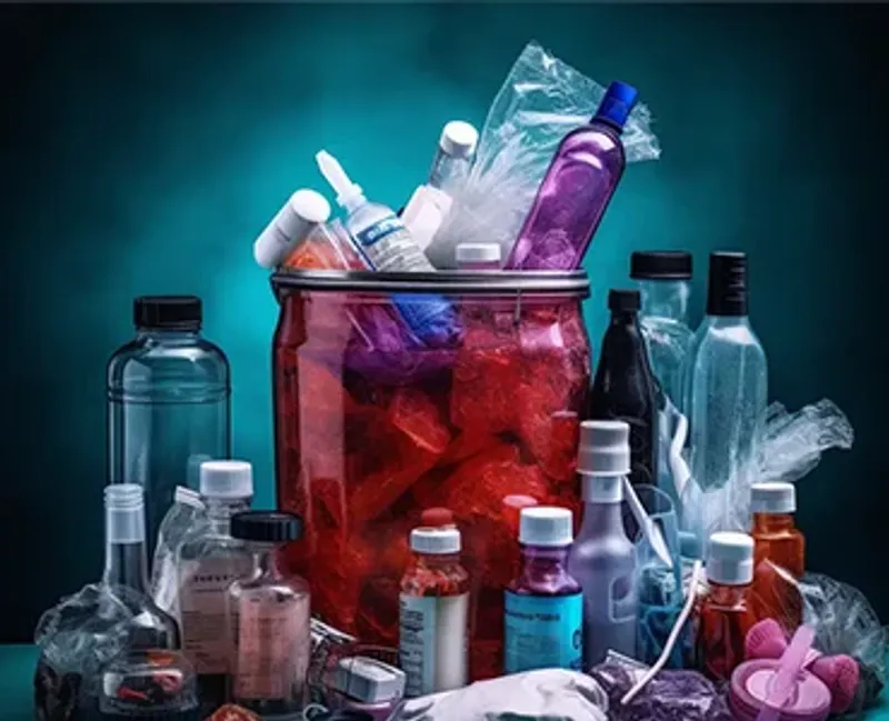 A collection of medical waste including bottles of all sizes and a jar full of other waste