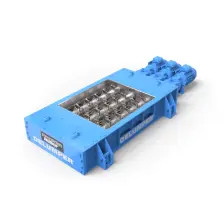 DELUMPER DC4856LP multi-shaft low-profile crusher with an open inlet showing its cutter shafts and three drive motors at one end