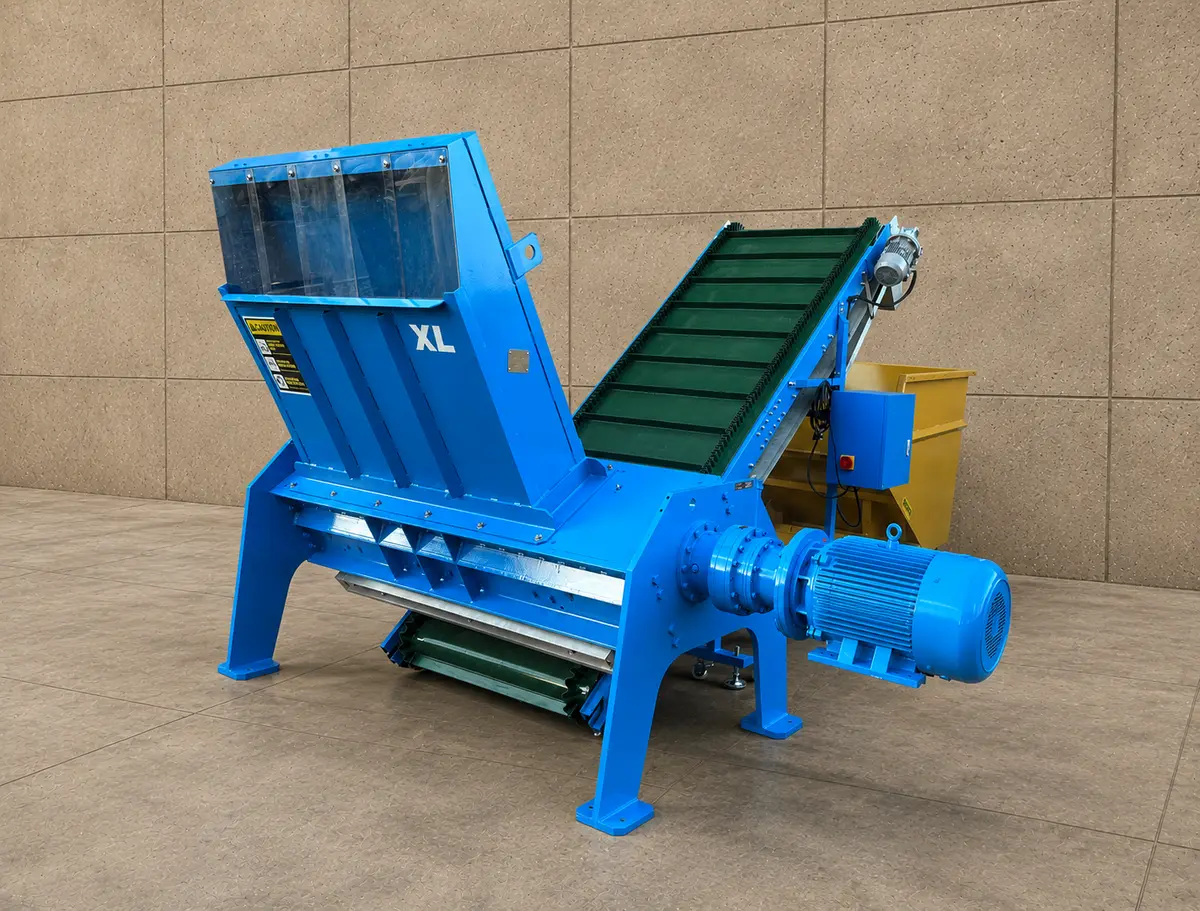 TASKMASTER XL Pallet Shredder with rear discharge conveyor and collection hopper