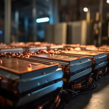 Two rows of lithium car batteries on a table