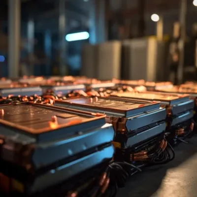 Two rows of lithium car batteries on a table