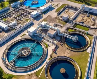 An overhead picture of a wastewater treatment plant