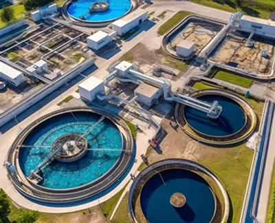 An overhead picture of a wastewater treatment plant