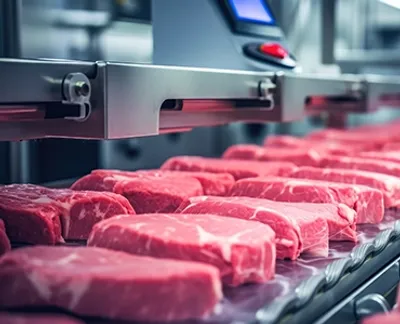 Two rows of raw meat on a conveyor