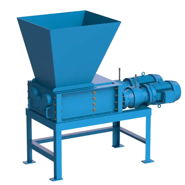 A quad shaft shredder with a hopper