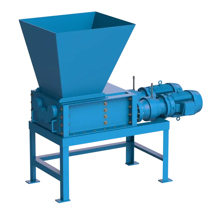 A quad shaft shredder with a hopper