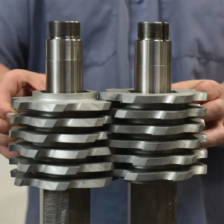 Close view of the two intermeshing cutter stacks inside a TASKMASTER TM8500 grinder
