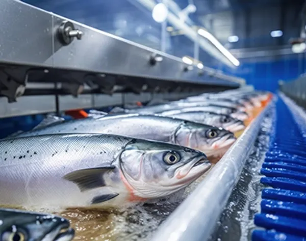 A conveyor belt in a warehouse with fish on it