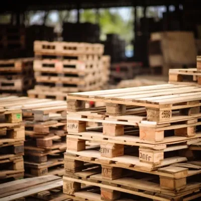 A pile of wooden pallets sitting on the ground of a warehouse