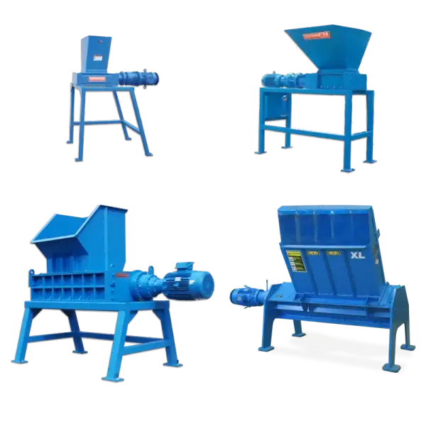 An arrangement of four different industrial shredder models