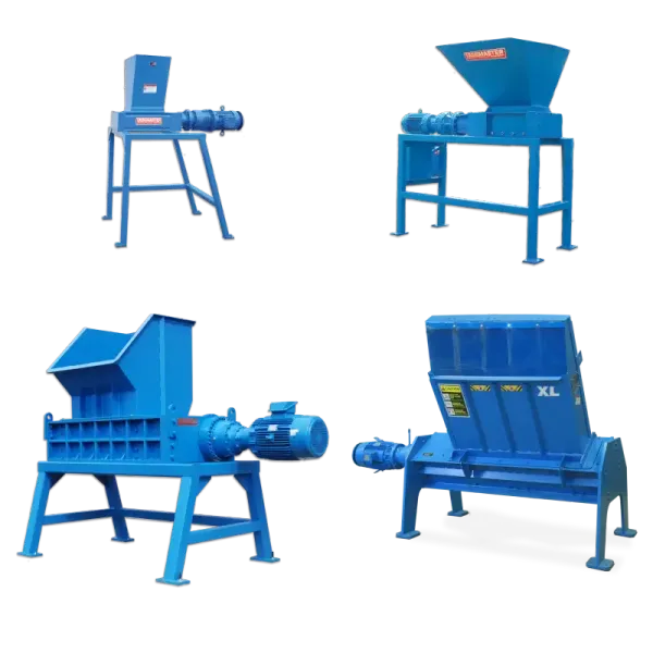 An arrangement of four different industrial shredder models