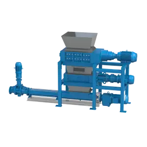 An illustration of the Taskmaster Food Waste Disposal System which includes Taskmaster twin shaft shredders in two stages and a Super Shredder grinder.