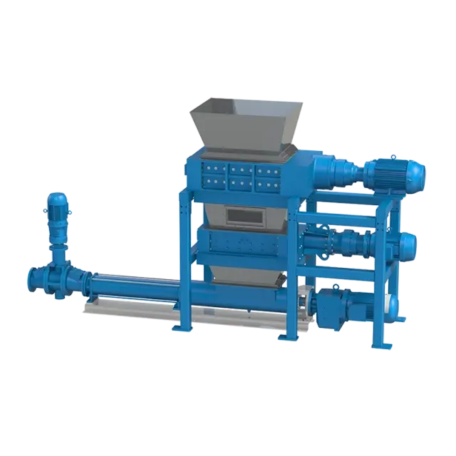 An illustration of the Taskmaster Food Waste Disposal System which includes Taskmaster twin shaft shredders in two stages and a Super Shredder grinder.