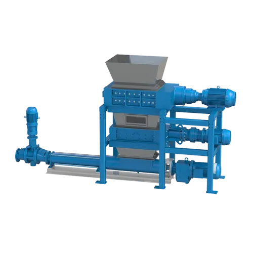 An illustration of the Taskmaster Food Waste Disposal System which includes Taskmaster twin shaft shredders in two stages and a Super Shredder grinder.
