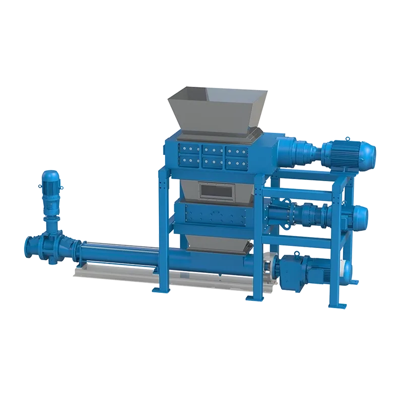 An illustration of the Taskmaster Food Waste Disposal System which includes Taskmaster twin shaft shredders in two stages and a Super Shredder grinder.