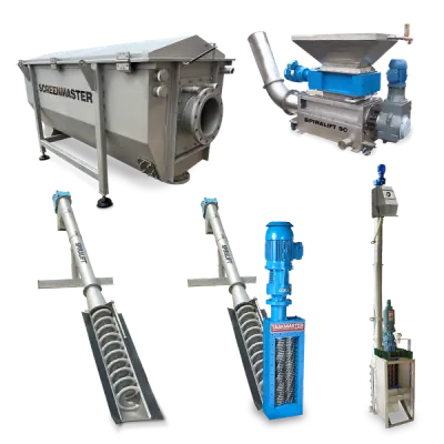 Montage of Franklin Miller SCREENMASTER bar and drum screens and SPIRALIFT auger screening systems for wastewater headworks