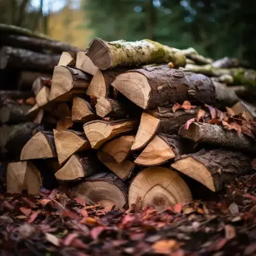 A pile of chopped wood laying on the ground outside
