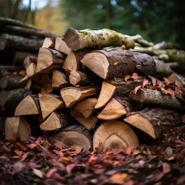 A pile of chopped wood laying on the ground outside