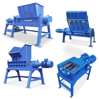 Montage of four blue TASKMASTER industrial shredders on stands with hoppers, including a TM4000 twin-shaft unit, the XL pallet shredder, and a four-shaft machine with its cutter shafts exposed