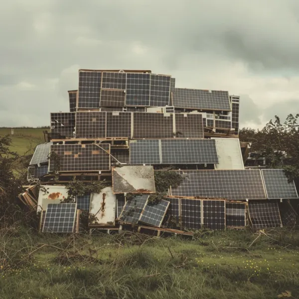A plie of solar panels outside in a field
