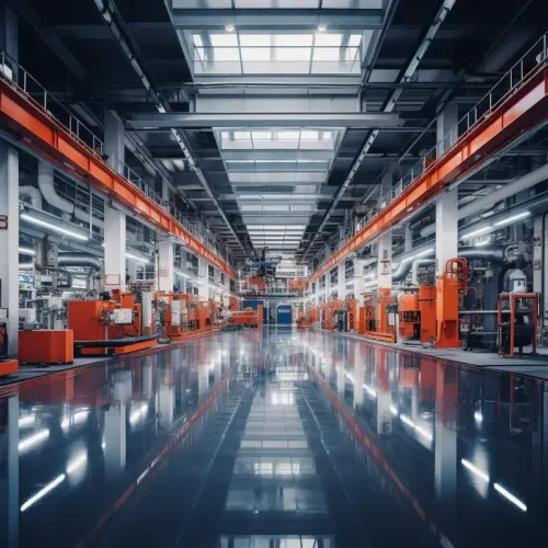 Long aisle inside of an industrial warehouse