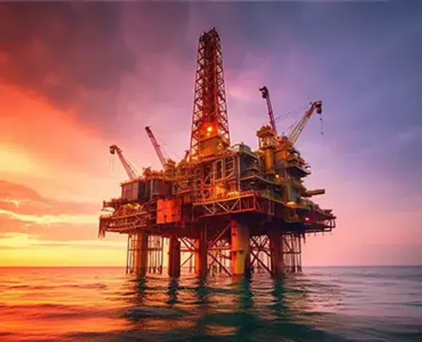 Large oil rig in the middle of the ocean with a sun setting behind it