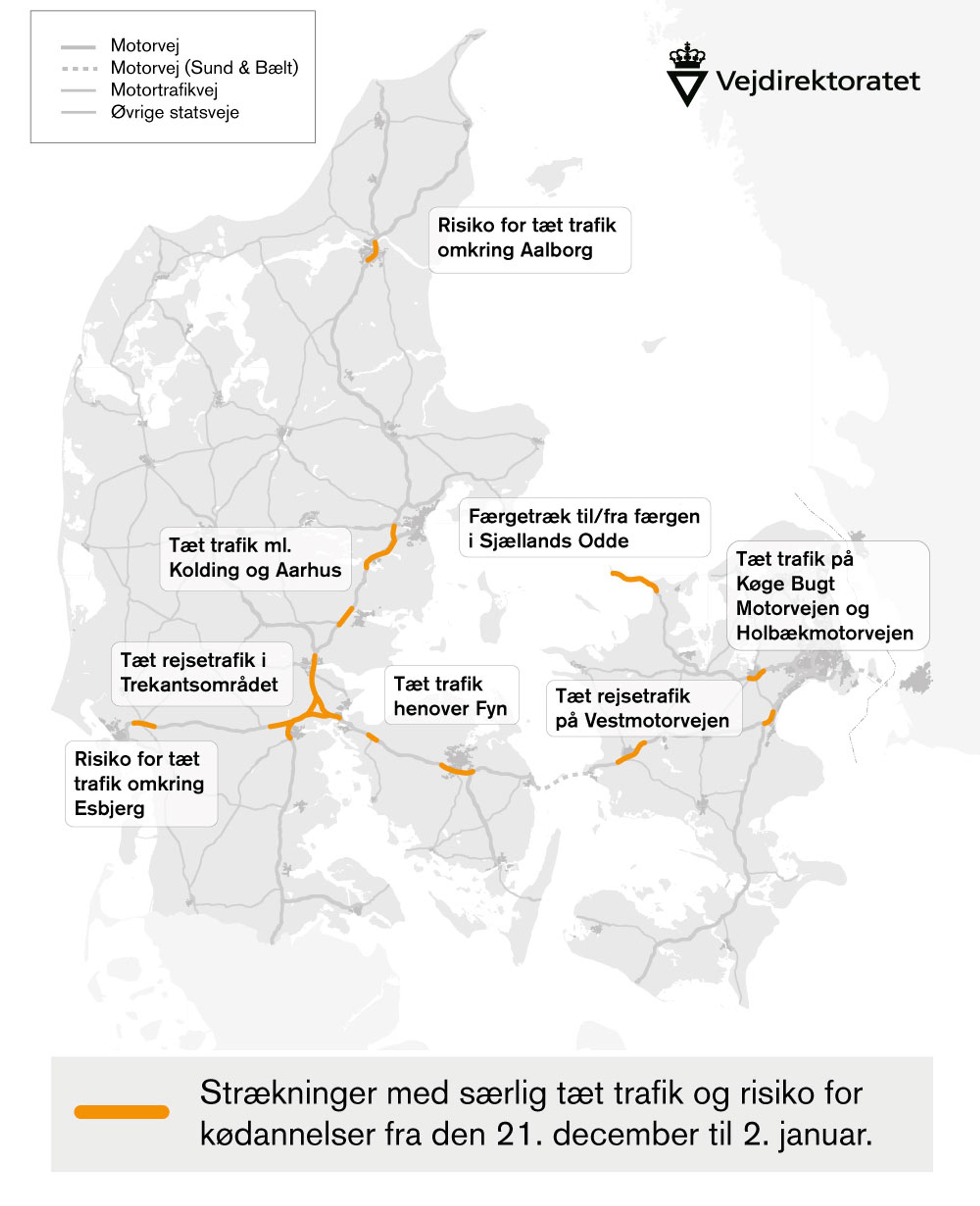 Juletrafikken ventes i år at toppe fredag den 23. december, hvor der især mellem kl. 14.00-20.00 vil være mange biler på vejene. Særligt på motorvej E20 fra øst mod vest, i Trekantsområdet og på E45 ved Aarhus, ventes trafikken at være tæt. (Grafik: Vejdirektoratet)
