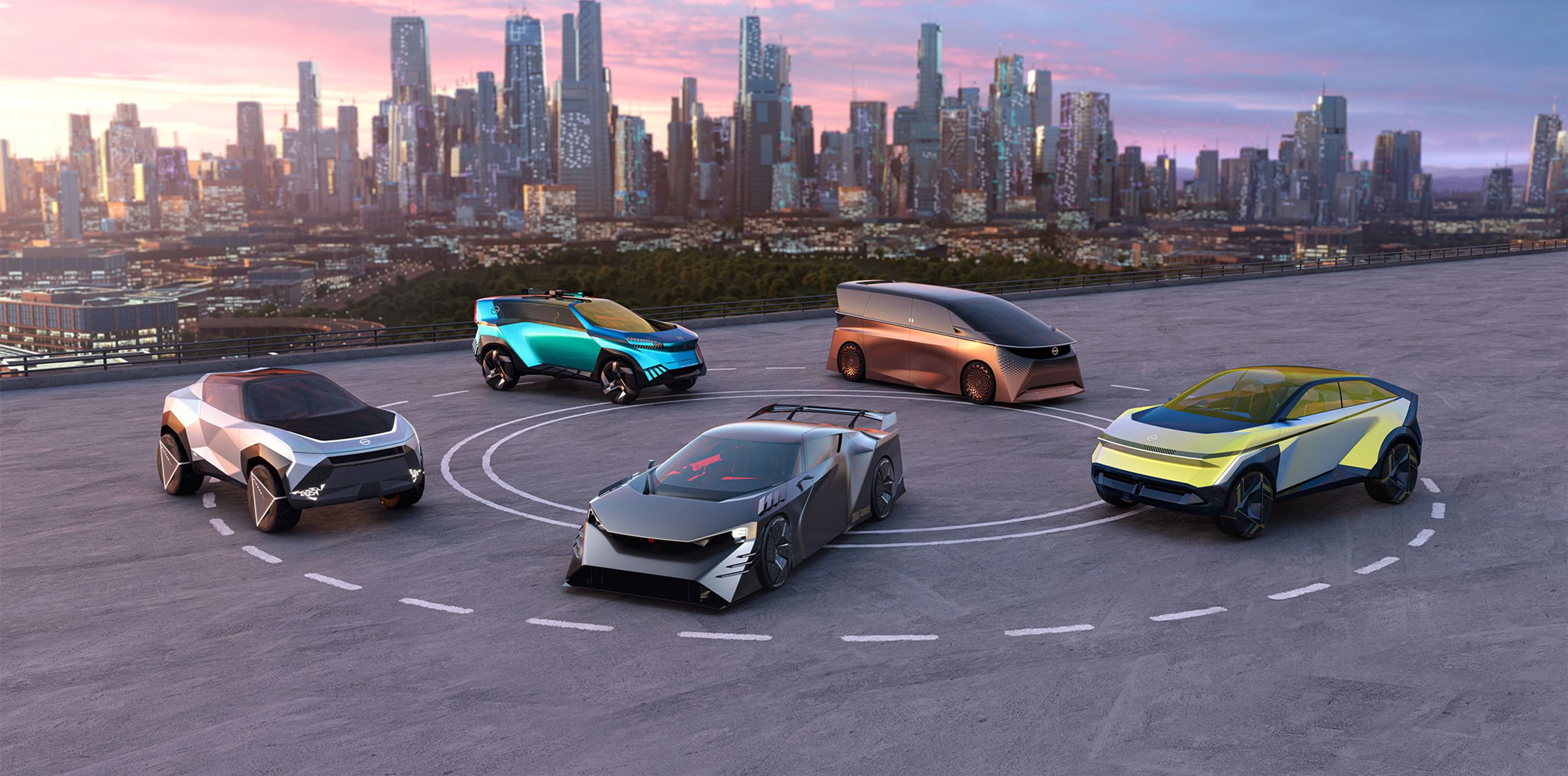 Fem futuristiske konceptbiler på asfalt med computertegnet højhusby i baggrunden.